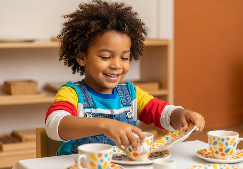 Child carefully setting table with plates, utensils and napkins